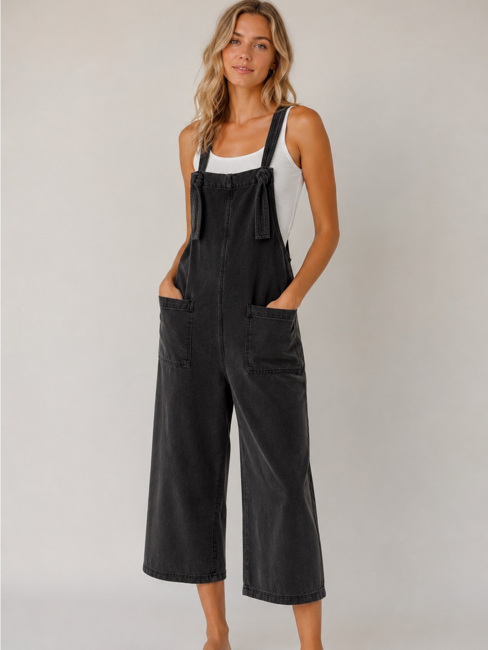 Women's Charcoal Black Denim Overalls with Cross-Back Straps